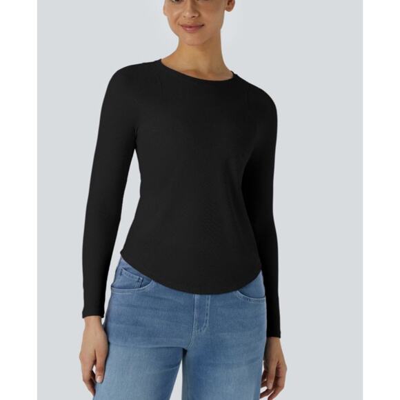 Halara Women's Curved Hem Round Neck Long Sleeve Waffle Top M Medium New - Picture 1 of 7